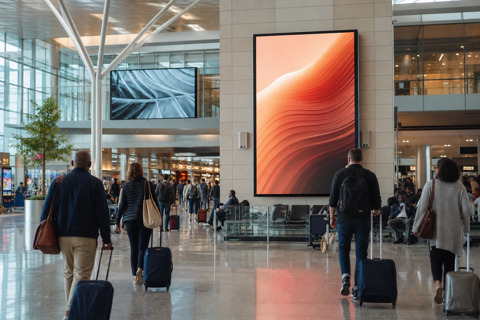 Airport departures hall with illuminated advertising displays