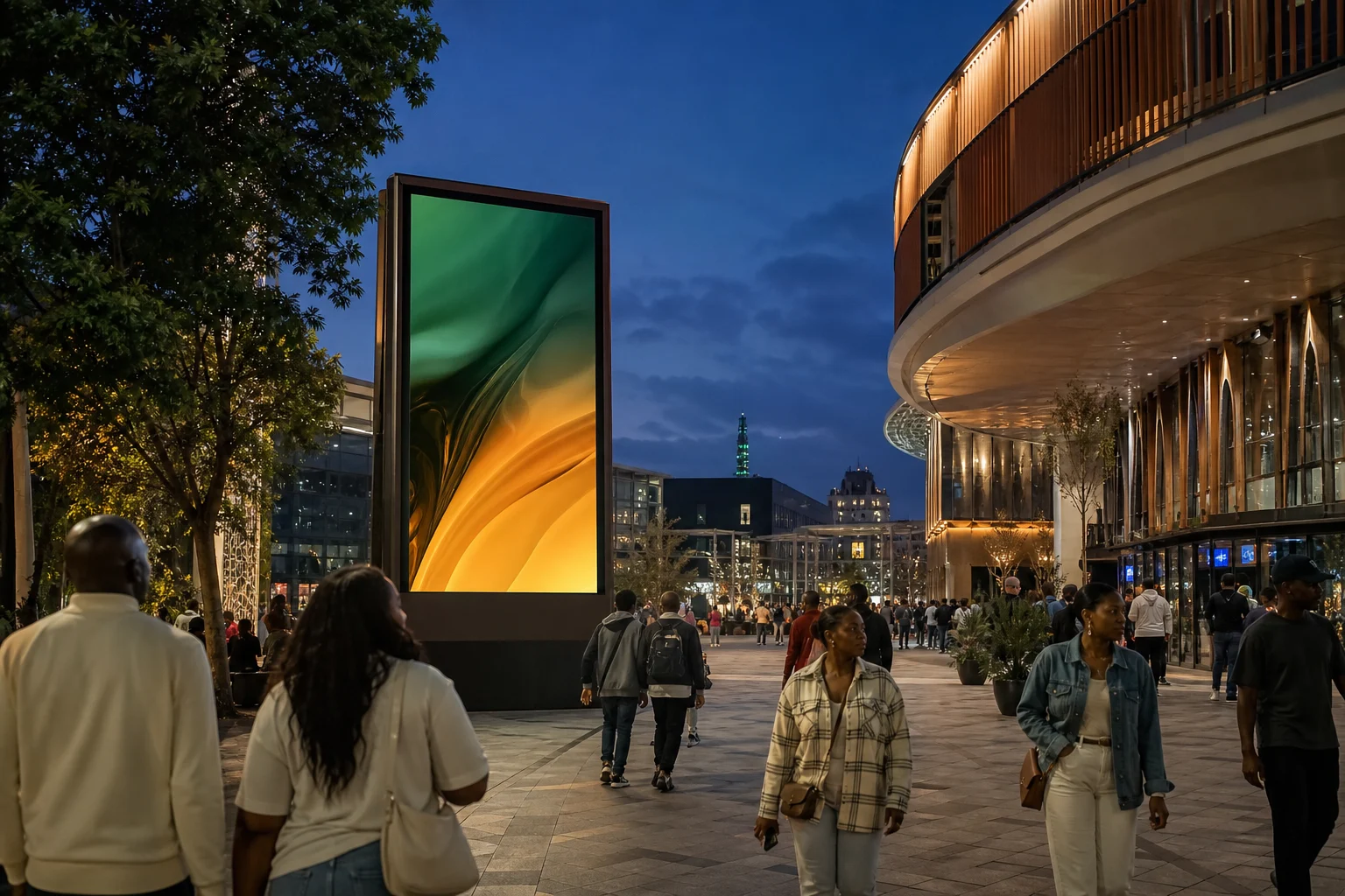 Digital outdoor advertising screen in a lively public plaza