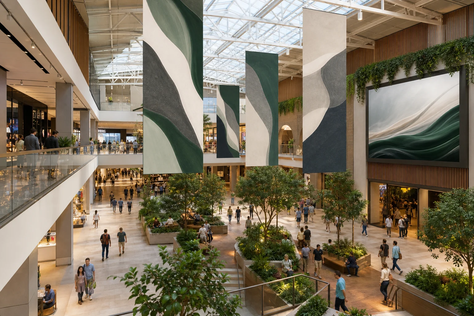Shopping mall atrium with prominent hanging and digital advertising placements