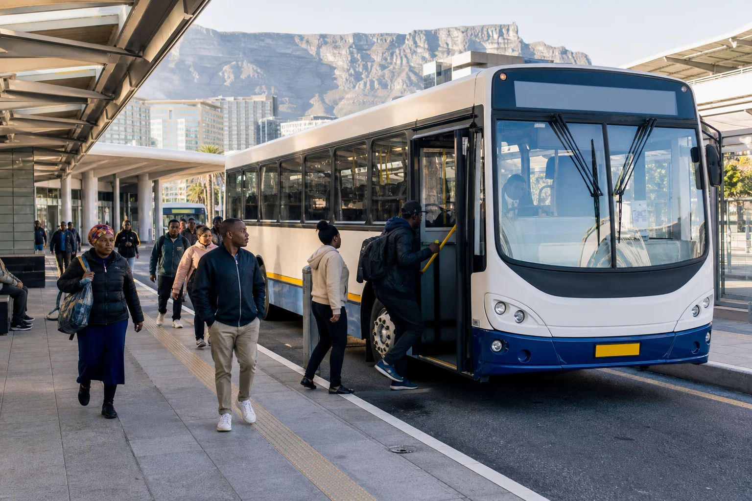Cape Town commuters boarding a city bus at a modern interchange