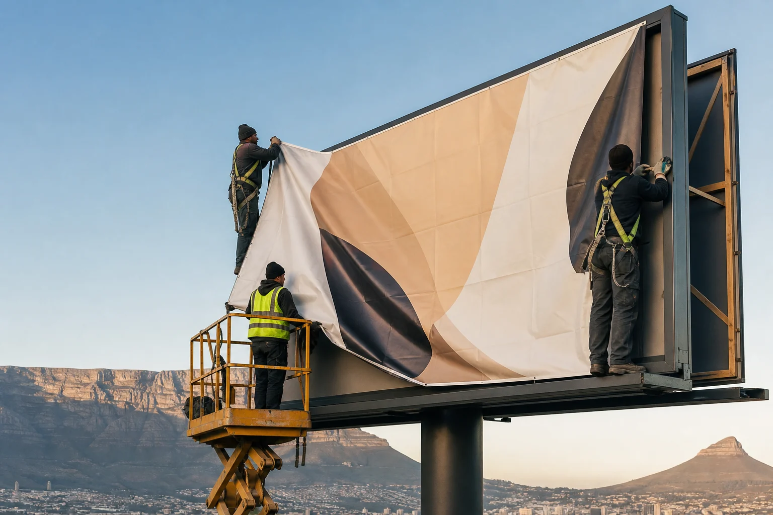Outdoor production crew installing a large-format billboard in Cape Town
