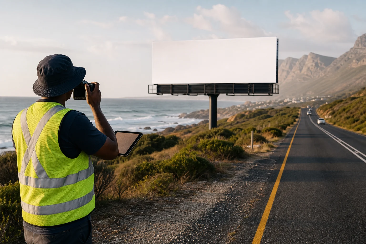 Outdoor media auditor photographing a roadside billboard from a safe viewpoint